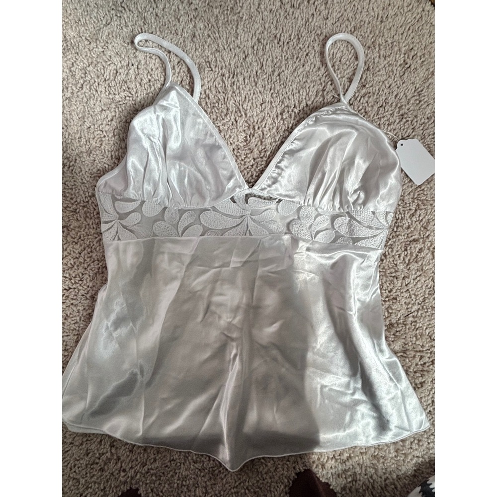 Satin Camisole White Lace Trim Silky V-Neck Tank Top Jasmin Small Y2K Coquette